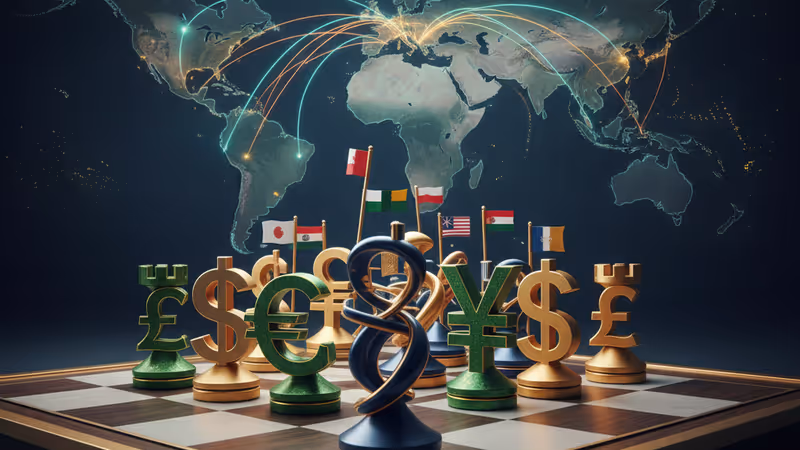 빨간색 관세 장벽과 하락하는 주가 지수 그래프가 겹쳐진 디지털 세계 지도