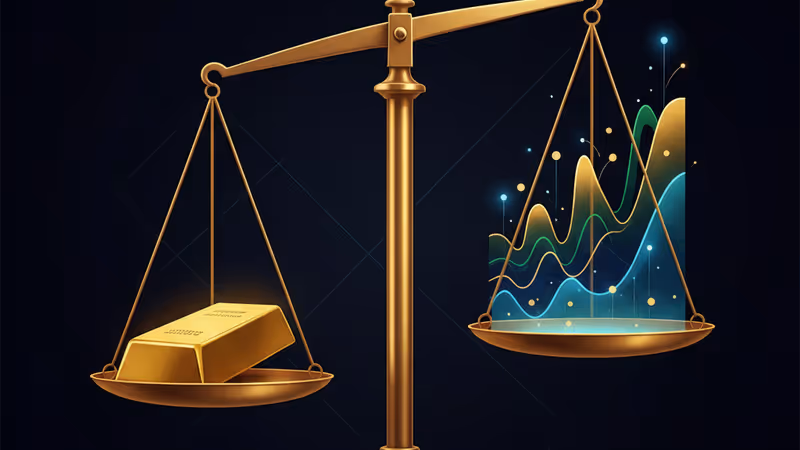 금괴가 주식 차트보다 무겁게 내려앉은 저울 이미지