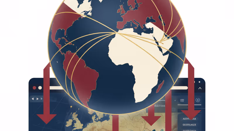 下落を示す赤い数字が並ぶ株価ボードと背後に重なる地図