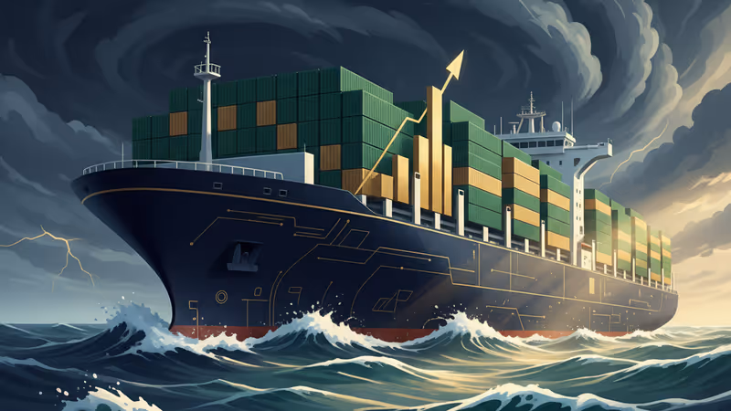 在霧氣繚繞的海面上航行的巨型貨櫃船遠景