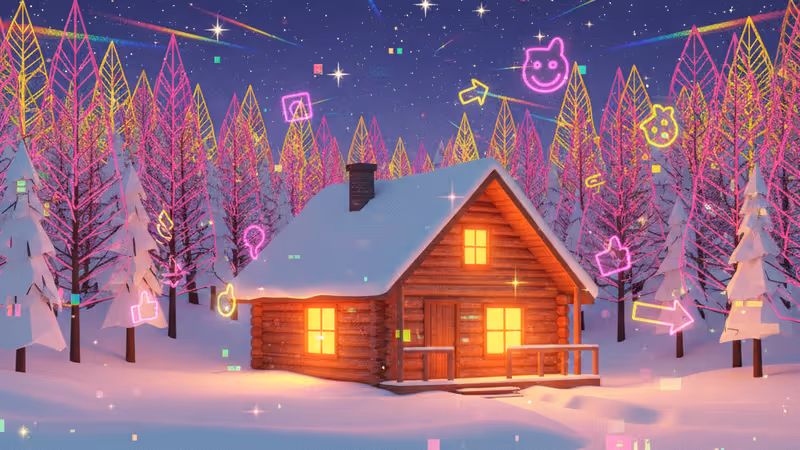 눈 덮인 숲속에 따뜻한 불빛이 새어 나오는 통나무집