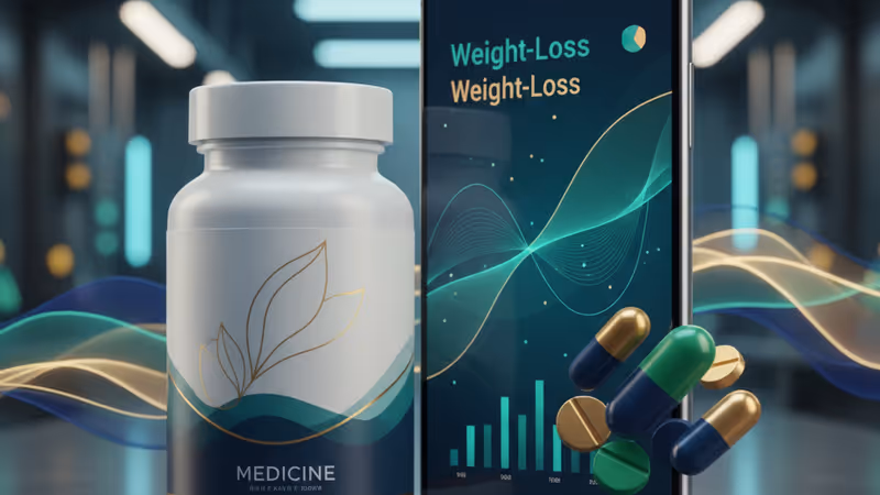 放在乾淨桌面上的智慧型手機和藥瓶，象徵數位醫療趨勢