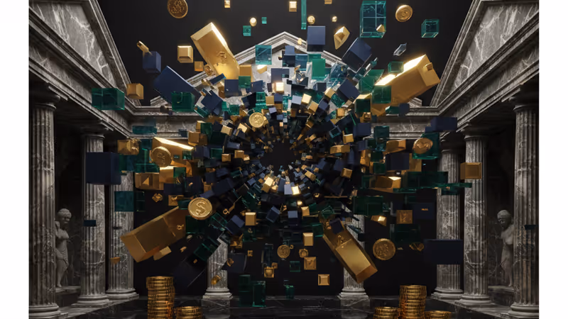 デジタル資産のグラフが映し出された現代的な金融街の風景