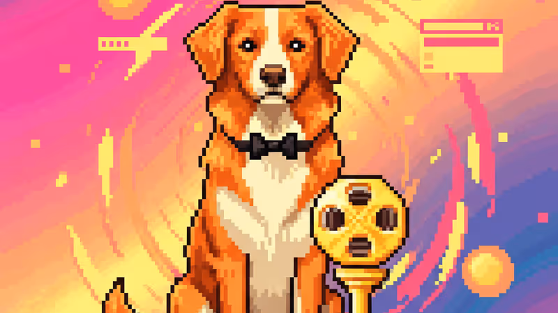 戴著黑色領結的狗狗 Indy 坐在金像獎獎座旁的模樣