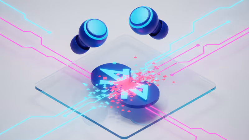 赤く光るワイヤレスイヤホンとデジタルセキュリティのイメージ