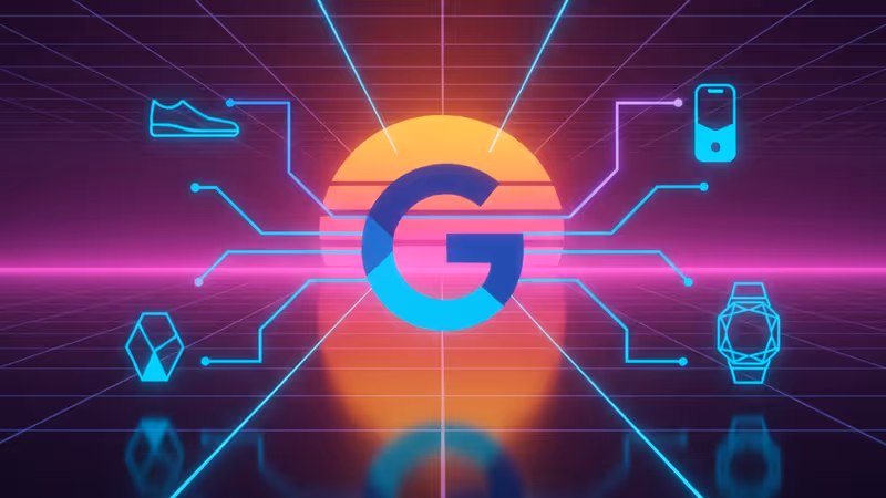 Futuristic AI commerce interface connecting Google logo and shopping items