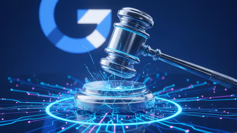 Digital gavel hitting a surface with Google logo