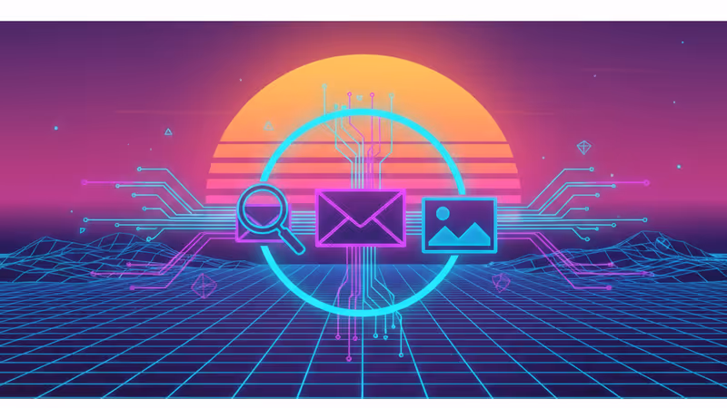 Google Search bar connected to Gmail and Google Photos icons graphic