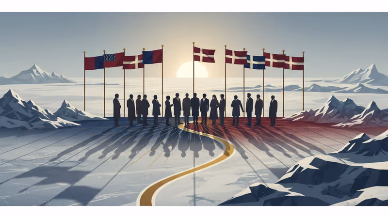 格陵蘭白雪覆蓋的海岸線與矗立的丹麥國旗