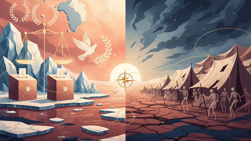 그린란드의 눈 덮인 전경과 가자지구 텐트촌의 모습