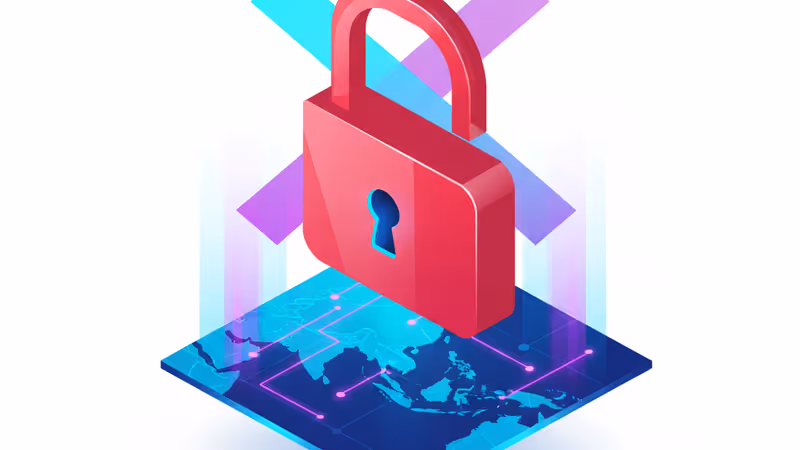 말레이시아와 인도네시아 지형 위에 빨간색 자물쇠 아이콘이 띄워진 디지털 아트워크