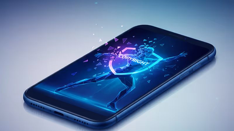 Smartphone showing a glitchy idol silhouette and a broken copyright shield