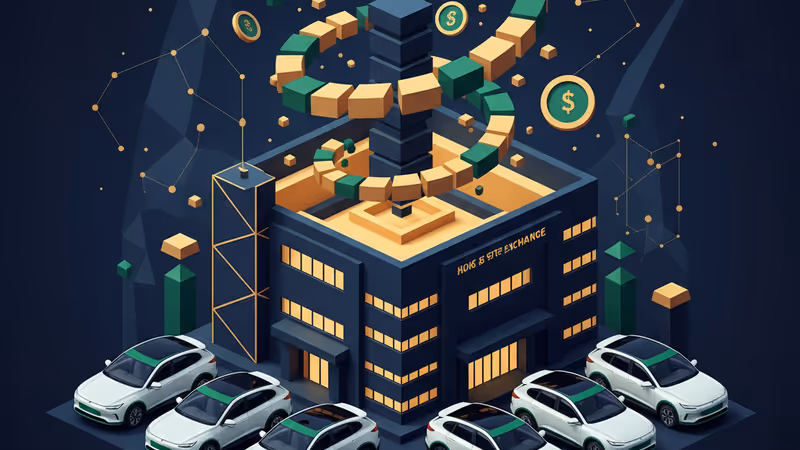 香港証券取引所ビルとEVタクシーのイメージ