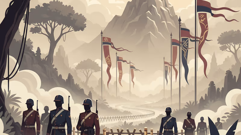 안개 낀 정글 국경 지대에서 경계 근무 중인 군인들의 모습