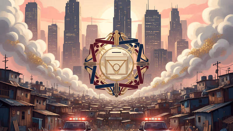 火災の煙が上がるソウル九龍村と背後の江南のビル群