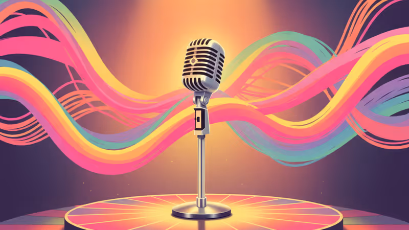 무대 위 빈티지 마이크와 은은한 조명 전경