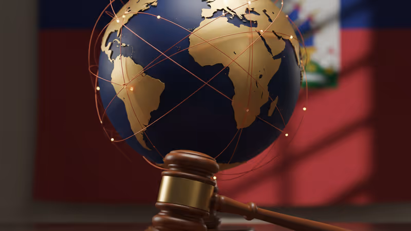 A gavel symbolizing the removal process with the Haitian flag in the background.