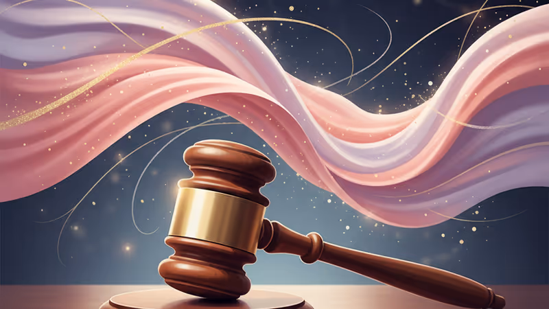 A judge's gavel and the South Korean flag in a courtroom