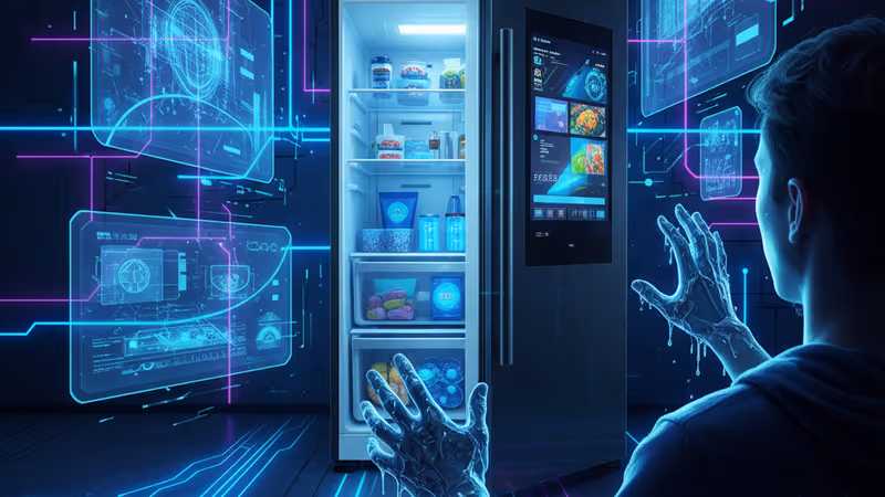 Samsung Family Hub冷蔵庫が自動で開く様子