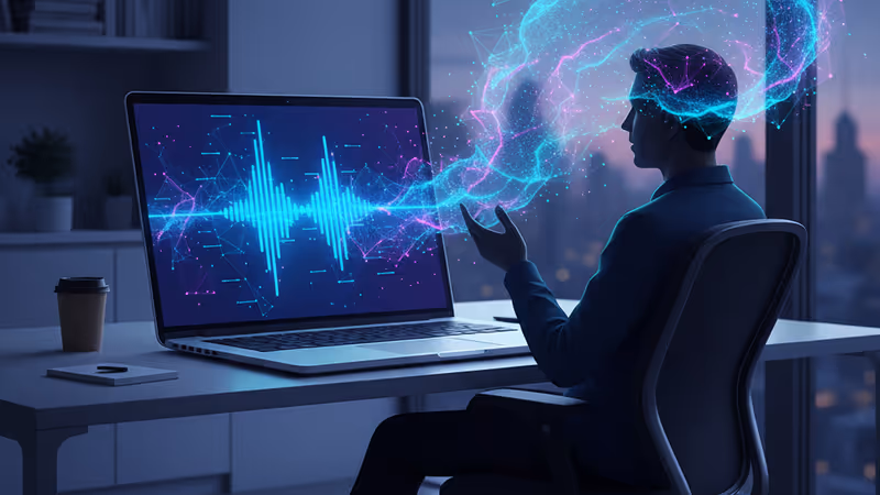 Laptop with a voice waveform overlay on a clean desk