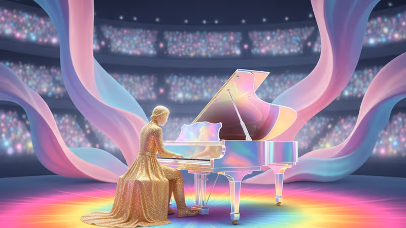 금빛 의상을 입고 피아노 앞에 앉은 해리 스타일스