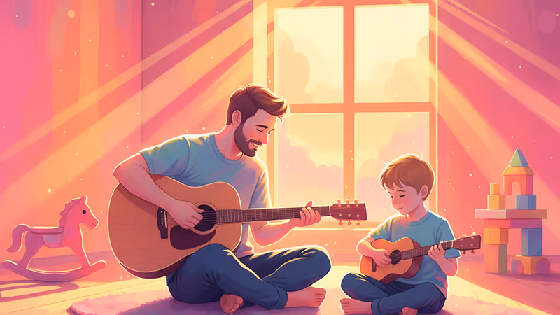 父子在充滿陽光的房間內共同創作音樂與拼砌樂高的溫馨時刻