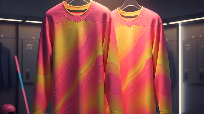 하키 유니폼이 걸린 라커룸의 따뜻하고 친밀한 분위기