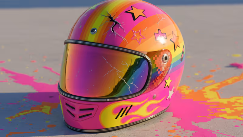 一個在事故中裂開但成功保護佩戴者的安全帽特寫