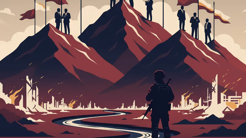 황혼 녘 리타니 강을 바라보는 군인의 실루엣과 파괴된 건물들