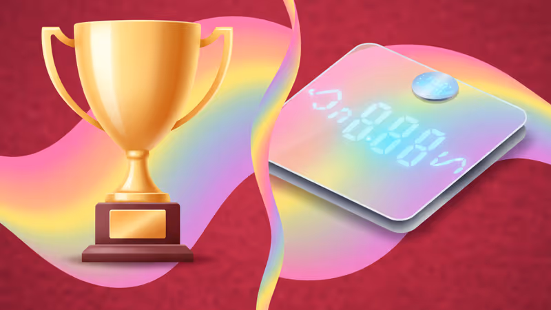 A Hollywood red carpet background with a gold trophy and a digital scale.