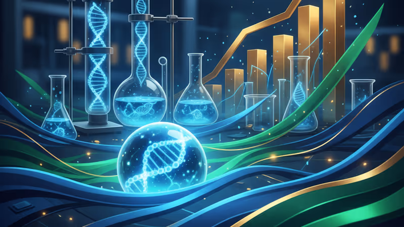 俯瞰維多利亞港的現代化生技實驗室與金融數據背景