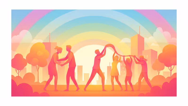 在發光的生命之樹下，各行各業的人們手牽手象徵善良與連結