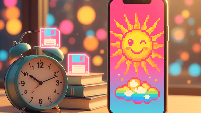 一名使用者正看著手機螢幕微笑，周圍環繞著溫暖的色調與愛心符號