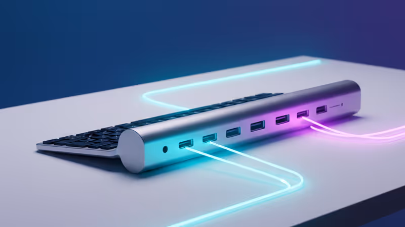 Wide shot of the HP EliteBoard G1a keyboard-PC on a modern office desk