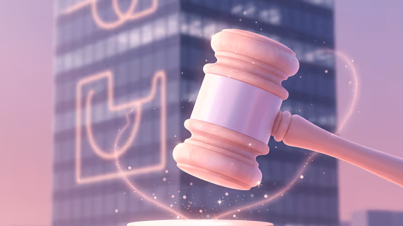 A judge's gavel on a sound block with a blurred corporate building background