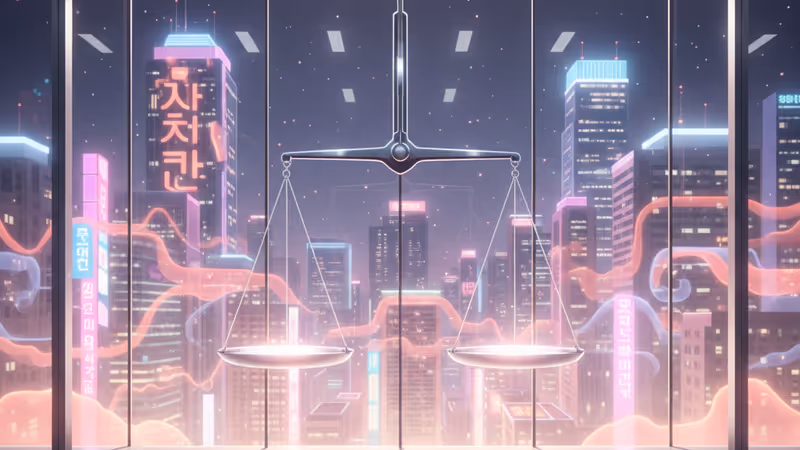 A balance scale in a modern courtroom representing the HYBE vs Min Hee-jin legal battle