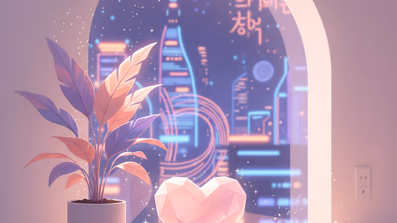 희망과 치유를 상징하는 따뜻한 햇살 아래의 조형물과 꽃