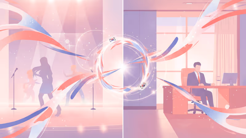 Split screen showing idol stage and lawyer's office with main characters looking at each other