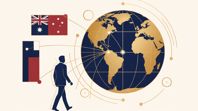 Silhouette of a diplomat walking away from US and Australian flags