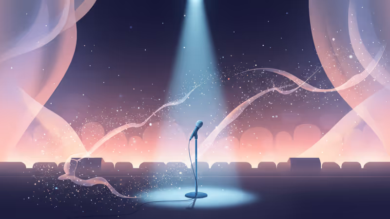 어두운 무대 위 차가운 조명을 받고 있는 빈 마이크