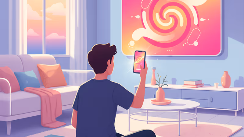 엉망이 된 방 안에서 스마트폰을 보며 웃고 있는 사람의 모습