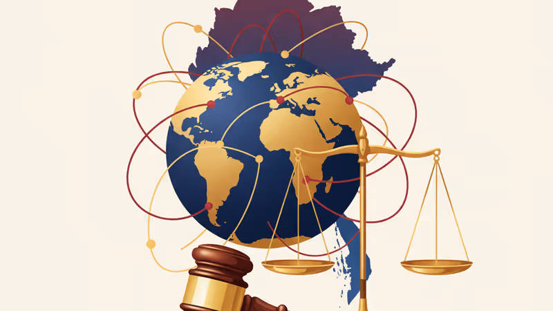 The ICJ court building in The Hague and a legal gavel representing the trial