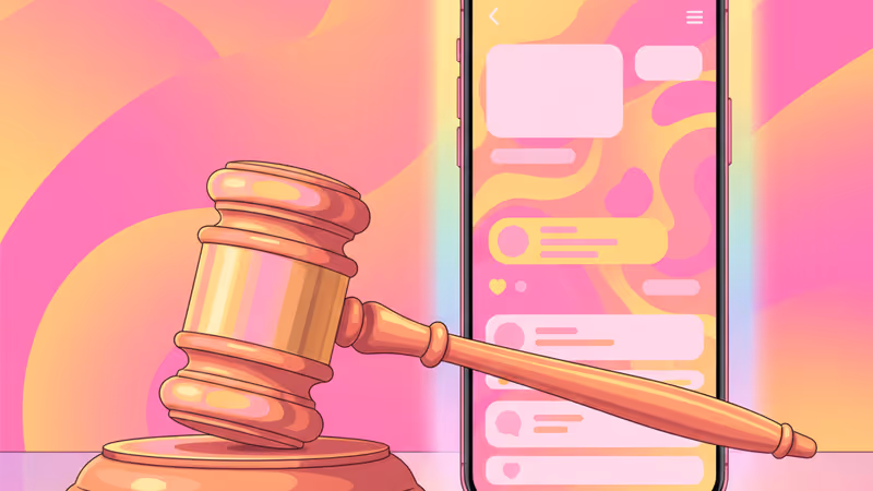 법정의 의사봉과 소셜 미디어가 켜진 스마트폰의 대비