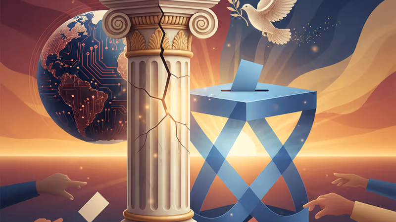 A cracked digital globe representing global trade tensions and the interconnected economy.