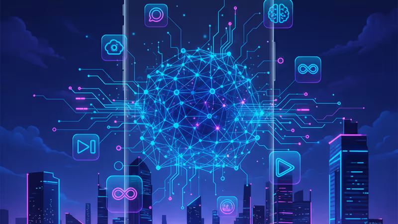 다양한 앱 아이콘이 떠 있는 스마트폰과 인도 도심 전경