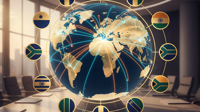 インドの国旗とBRICS諸国の象徴が重なり合うイメージ