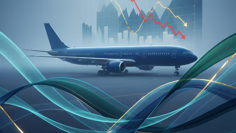 IndiGo aircraft on a foggy runway with financial charts