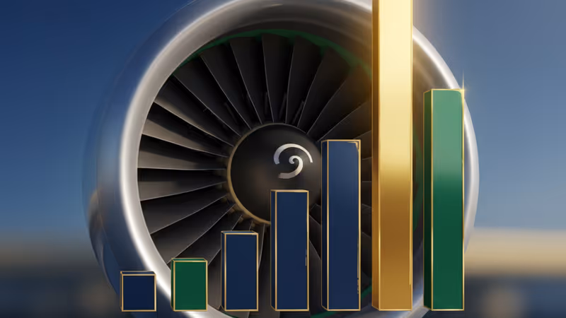 インドの地図の上を飛ぶIndiGoの機体と虫眼鏡のイメージ