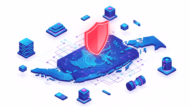 인도네시아 지도 위에 붉은색 방패 아이콘이 표시된 테크 규제 이미지