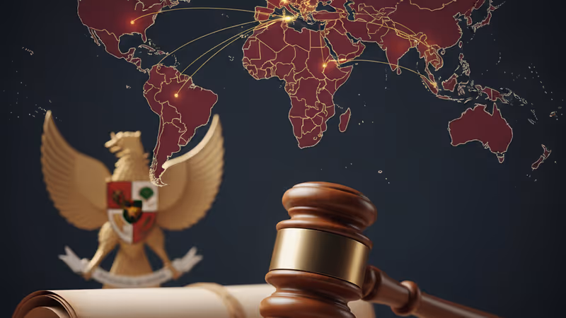 A gavel resting on a legal code book with Indonesian emblem